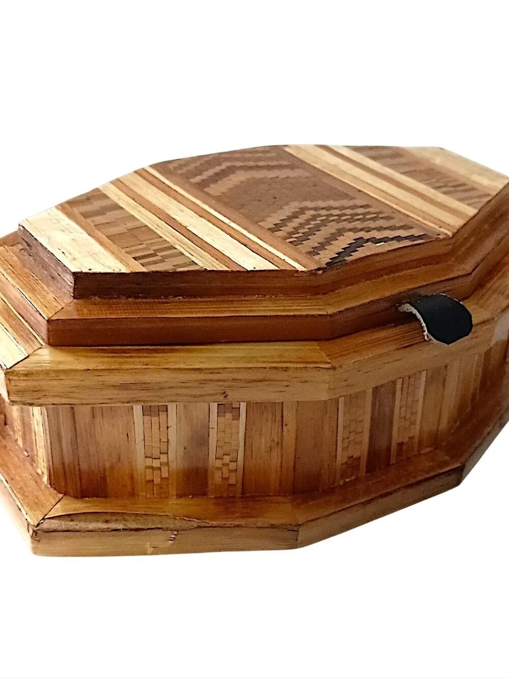 Vtg Straw‎ Bamboo Inlaid Marquetry Trinket Jewelry Box Wood Velvet Tramp Boho